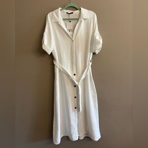 New Zara Belted Oyster White Midi Shirt Dress